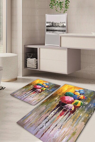 Kilimteks 3 Boyutlu Kaymaz Taban Yıkanabilir 2'li Set Banyo Halısı Paspas Klo...