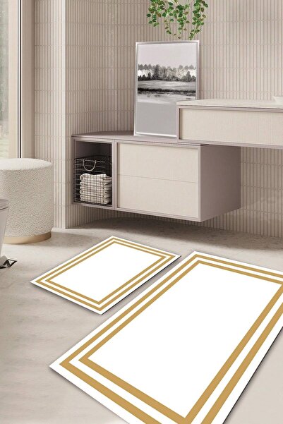 Kilimteks Framed Non-Slip Base Washable Set of 2 Bathroom Carpet Mat Toilet S...