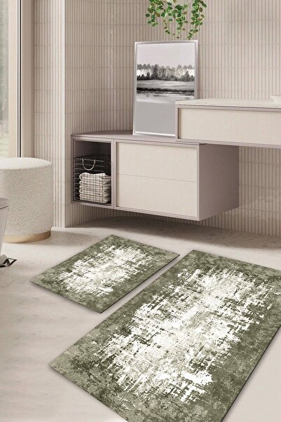 Kilimteks Modern Patterned Non-Slip Base Washable Set of 2 Bathroom Carpet Ma...