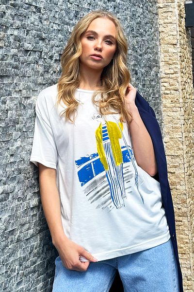 Trend Alaçatı Stili Γυναικείο T-Shirt σε λευκό εμπριμέ - Crew Neck ALC-X12404