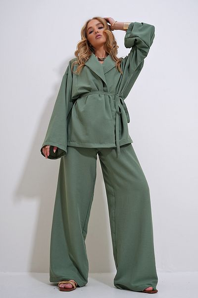 Trend Alaçatı Stili Khaki Colored Women's Blazer and Wrinkled Jacket Set - ALC-X12433