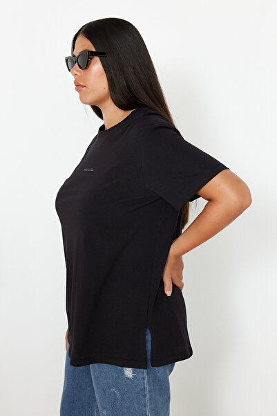 Trendyol Curve Black Crew Neck Printed Large Size Knitted Tshirt