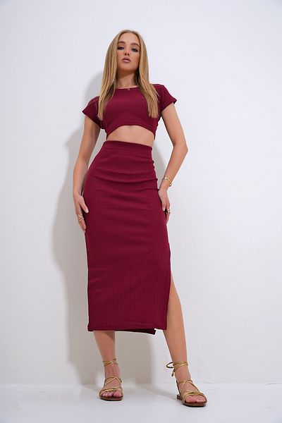 Trend Alaçatı Stili Claret Red Crop Blouse and Slit Skirt Set - Crew Neck ALC-X12202