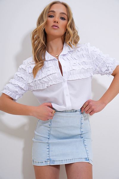 Trend Alaçatı Stili Women's White Ruffle Shirt - Short Sleeve, ALC-X12371