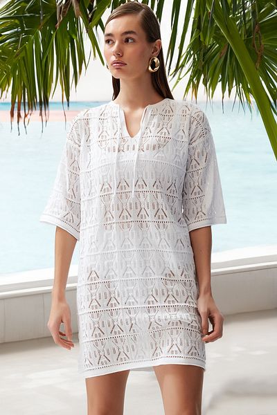 Trendyol Collection Μίνι Πλεκτό Φόρεμα Παραλίας - Λευκό, Δαντέλα - TBESS24EL00093