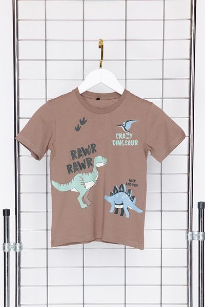 TRENDYOLKIDS Fiú dinoszaurusz mintás bézs pamut póló - TKDSS24TS00034