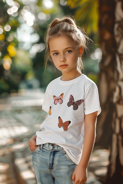 TRENDYOLKIDS Λευκό βαμβακερό μπλουζάκι για κορίτσια με σχέδιο πεταλούδας - TKDSS24TS00041