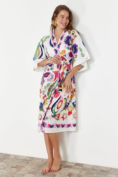Trendyol Collection Ethnic Patterned Belted Midi Woven 100% Cotton Kimono&Kaftan TBESS22KM0023