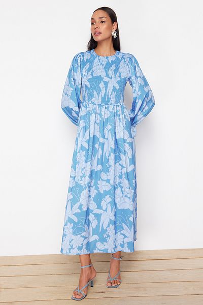 Trendyol Modest Μέγεθος ελαστικό μπλε φλοράλ εμπριμέ φόρεμα - TCTSS24EB00109