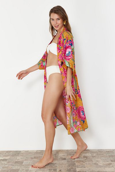 Trendyol Collection Ethnisch gemusterter Midi-Kimono und Kaftan aus 100 % Baumwolle mit Gürtel TBESS22KM0023