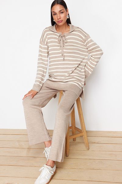 Trendyol Modest Mink Striped Collar Tie Detailed Sweatshirt-Pants Knitwear Bottom-Top Set TCTAW24US00080