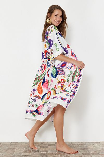 Trendyol Collection Kimono și caftan 100% bumbac țesut midi cu curea cu model etnic TBESS22KM0023