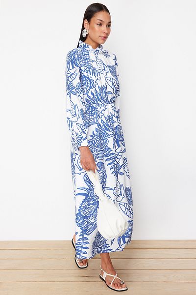 Trendyol Modest Φόρεμα με υφασμένο μπλε φλοράλ μοτίβο βισκόζης - TCTSS24EB00216