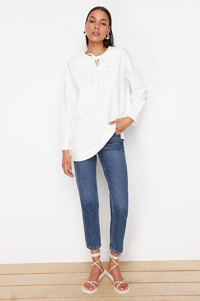 Trendyol Modest Dětská ecru oversize pletená tunika s límečkem - TCTSS24UK00040