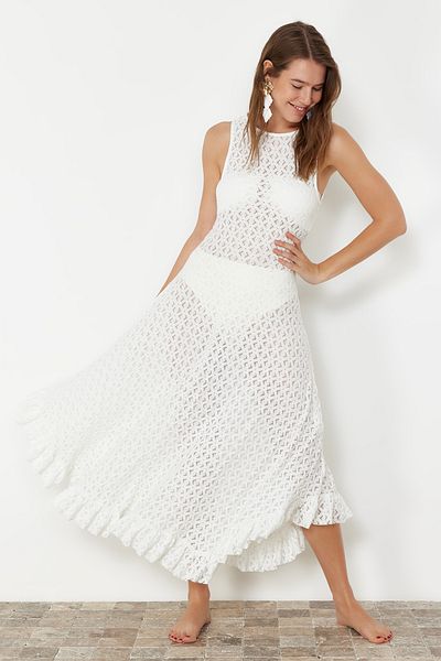 Trendyol Collection Λευκό Εφαρμό Μάξι Πλεκτό Φόρεμα Παραλία TBESS24EL00139