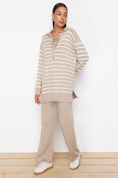Trendyol Modest Mink Striped Collar Tie Detailed Sweatshirt-Pants Knitwear Bottom-Top Set TCTAW24US00080