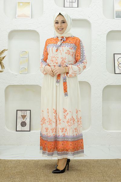 Mec Fashion Orange Floral Patterned Hijab Dress