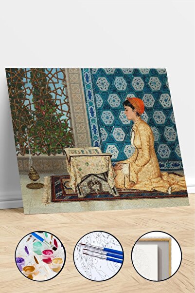 Pastelya Sayılarla Boyama Seti Çerçeveli Kasnaklı Kuran Okuyan Kız 50 X 65 Cm