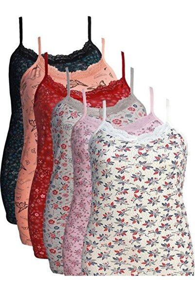 EXMOOR 6'lı Ekonomik Desenli Likralı Dantelli Ip Askılı Kadın Atlet