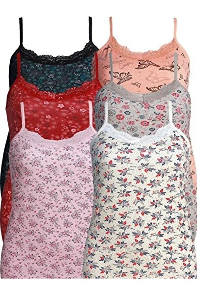 EXMOOR 6'lı Ekonomik Desenli Likralı Dantelli Ip Askılı Kadın Atlet