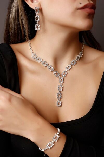 Silver Plated Square Design Jewelry Set Square Waterway Set Engagement Jewelry Set Wedding Set Evening Dress Set Necklace K