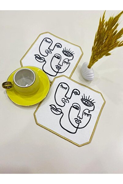 İNCİ ÇEYİZ 2 Pieces Linen Fabric Figured Pattern Embroidered Coffee Side Cock...