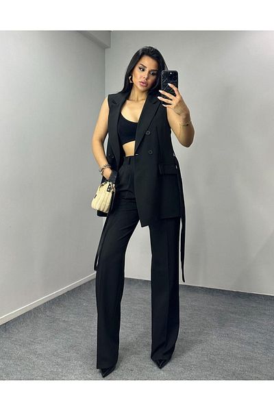 pembekurdelem Női öves mellény nadrág szett fekete