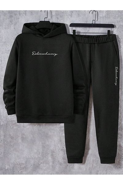 DAXİS Sportwear Company Printed Unisex Bottom Top Combination Black Tracksuit Set - Hooded Sweatshirt Sweatpants Jogger