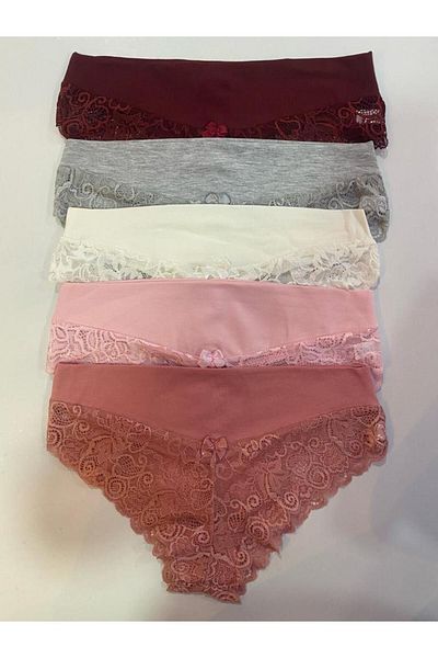 Miss Blue Moon Waist Fabric Belted Lace Brazilian Panties 5 Pcs 3130
