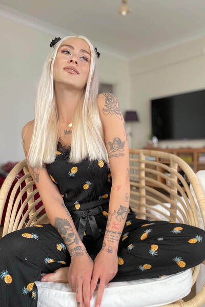 Pijamaevi Set de pijamale tricotate cu curele din dantelă cu imprimeu ananas negru pentru femei