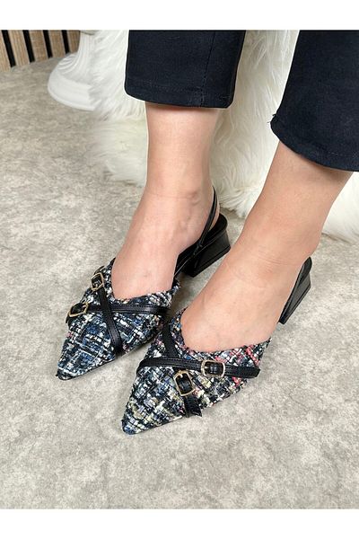 İmerShoes Pantofi de damă ocazional, colorați, negru, gros, cu toc scurt, cu dungi duble, tricotați cu paie, cu cataramă reglabilă 457