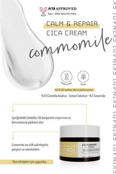 Skin401 Cica Centella Bariyer Onarıcı ve Yıpranmış Ciltler Için Yatıştırıcı Bakım Krem 50ml (SU BAZLI)