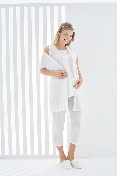 ERDENİZ TEKSTİL 3-Piece Maternity Maternity Short Sleeve Cotton Pajamas Set