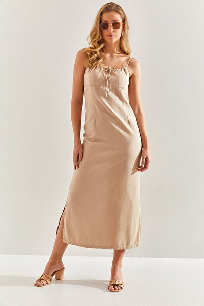 Bianco Lucci Women's Beige Strappy Linen Dress 60171008