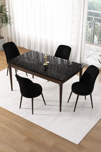 Canisa Pir Serisi 80x130 Sabit Siyah Mermer Desen Kahve Ayak Masa Takımı Ve 4...