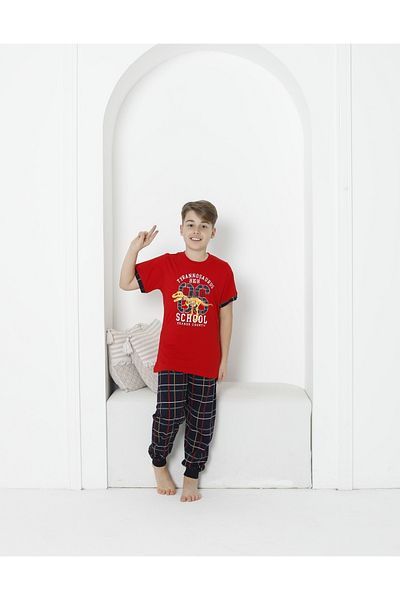 KAPİKİDS Boy's Red Plaid Pajamas Set - Long Crew Neck, Short Sleeve
