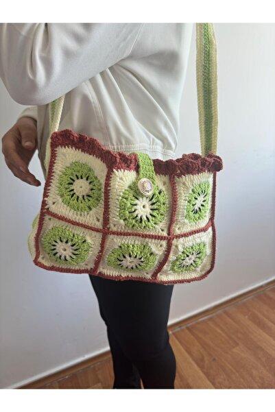 El örgüsü Crochet Kivi Kiwi Desenli  Omuz Çantası