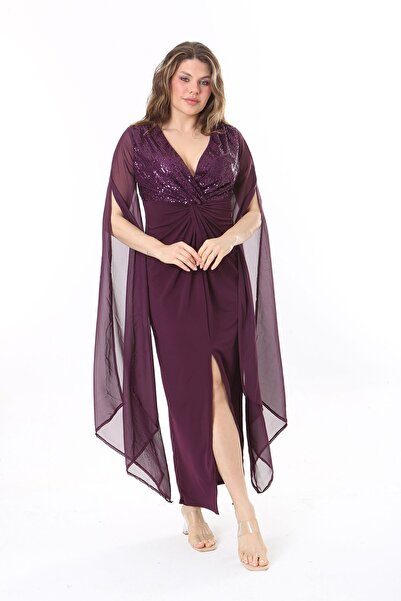 Şans Plus Size Plum Color Chiffon Dress - Sequin and Chest Gather Detailed 65N37963