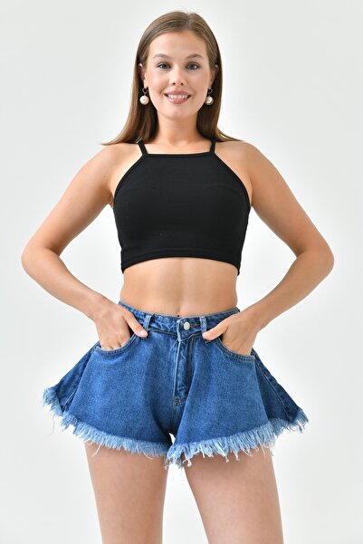 lovebox Paça Ucu Detaylı Yüksek Bel Likrasız Volanlı Kalıp Koyu Mavi Kot Şort Denim Şort 70366