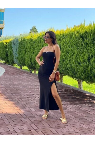 JANES Памучна рокля с дължина до коляното – без презрамки и с разрез