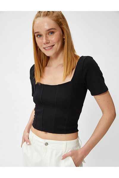 Koton Crop T-Shirt Corset Detailed Square Neck