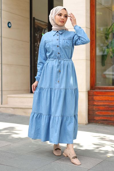 Pamuk Butik Γυναικείο τζιν φόρεμα με κορδόνι με λεπτομέρειες