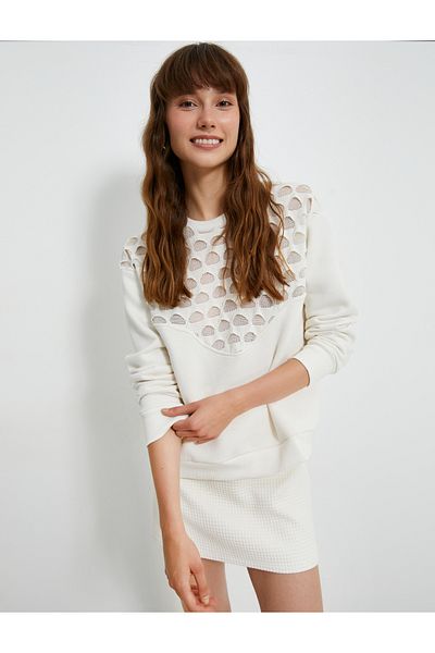 Koton Crew Neck Sweatshirt Mesh Detailed Long Sleeve Ribbed