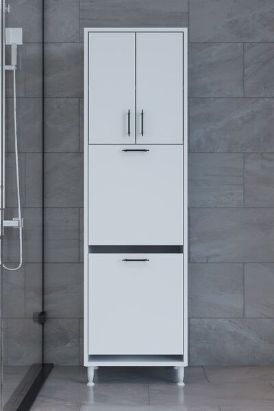 makbulce Nergiz Beyaz ve Renkli Kirli Çamaşır Sepetli Çok Amaçlı Banyo Dolabı