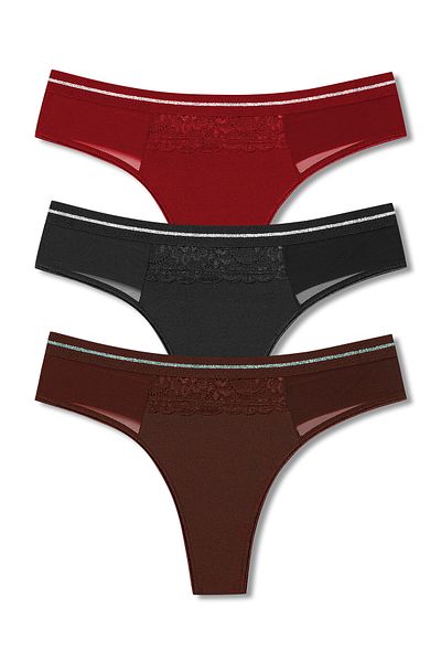 HNX 3-Piece Interlock Fabric Women's Thong Panties with Lace and Tulle Detail