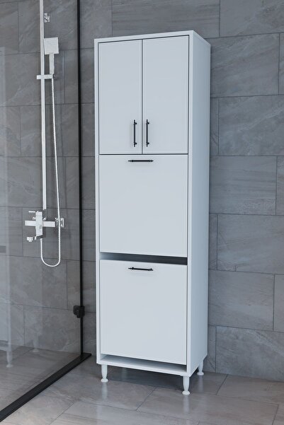 makbulce Nergiz Beyaz ve Renkli Kirli Çamaşır Sepetli Çok Amaçlı Banyo Dolabı