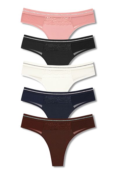 HNX 5-Piece Interlock Fabric Women's Thong Panties with Lace and Tulle Detail