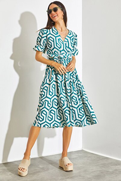 SHADE Kadın Kruvaze Yaka Beli Lastikli Kuşaklı Kloş Elbise