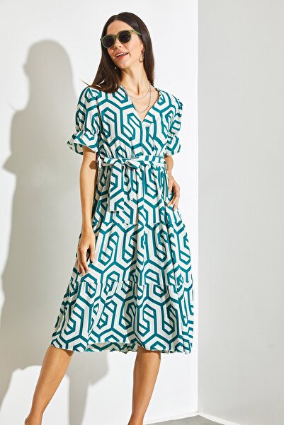 SHADE Kadın Kruvaze Yaka Beli Lastikli Kuşaklı Kloş Elbise