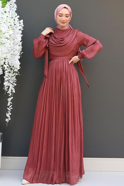 GİZ AGİYİM Dark Coral Colored Story Hijab Dress